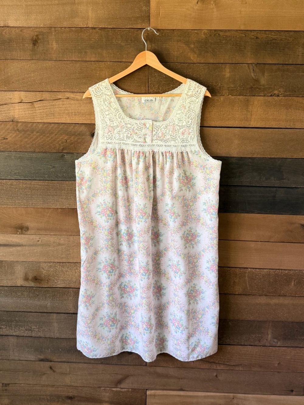 Vintage Floral Lace Trim Nightgown Cottagecore Prairie Slip Dress